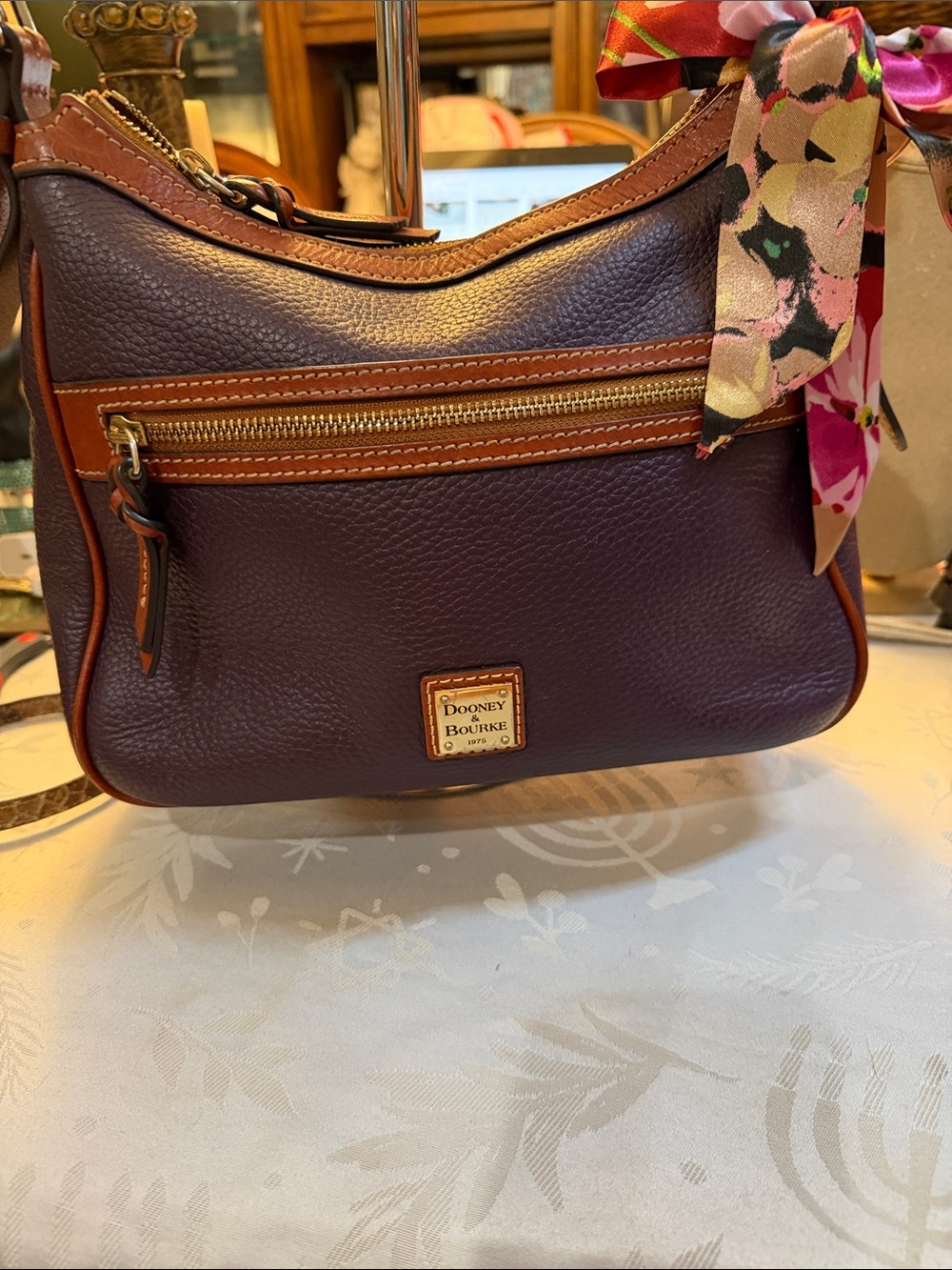 Dooney & Bourke Purple Pebble Leather Shoulder Bag with Tan Trim